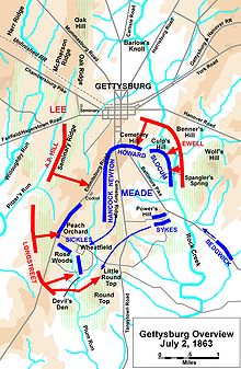 Fighting on the second day. red: Confederate troops blue: Union troops
