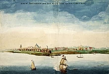 Nowy Amsterdam, położony na Dolnym Manhattanie, w 1664 roku, w roku, w którym Anglia przejęła kontrolę i zmieniła nazwę na "Nowy Jork".