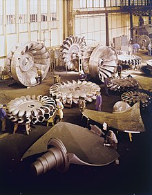 Three types of water turbines: Kaplan blade (front), Pelton wheel (middle), Francis turbine (back left).