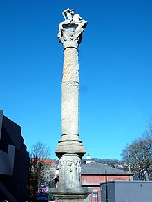 Jupiter giant column in front of gasometer. Copy of the Roman column from Walheim ca. 3rd century. Fragments of a Jupiter column were also discovered in Pforzheim.