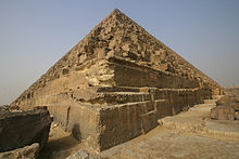 Corner of the Khafre pyramid, where the massive rock core can be seen, over which the pyramid was built.