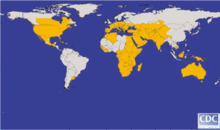 A partir de 2006, o vírus do Nilo Ocidental vivia em todos os países amarelos deste mapa