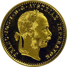 Oostenrijkse gouden dukaat met afbeelding van keizer Franz-Josef, ca. 1910.  