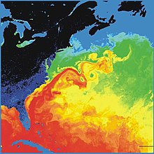 Surface temperature in the western North Atlantic. North America appears black and dark blue (cold) the Gulf Stream red (warm). Source: NASA