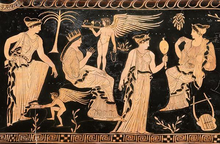 Eurynoe, Pothos, Hippodame, Eros, Iaso and an Asteria on an Attic red-figure vase by the Kadmos painter, c. 400 BC.