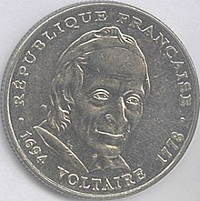 French 5 francs coin (1994) commemorating the 300th anniversary of Voltaire's birth