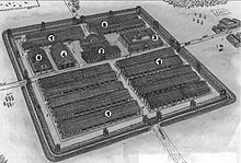 Rhaetian Limes: reconstruction attempt of the early wooden-earth fort of Quintanis (Künzing, D): 1. barracks (contubernia), 2. command building (principia), 3. house of the camp commander (praetorium), 4. storehouse (horreum), 5. horse stables (stabulum), 6. camp hospital (valetudinarium)