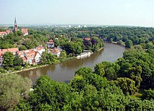 View to the Saale near Kröllwitz, with the restaurant Krug zum grünen Kranze, known from a folk song