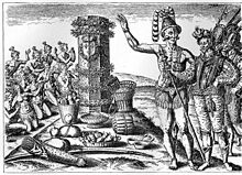 Indians paying tribute to the French in Florida. (Copper engraving, around 1600)