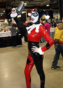 Harley Quinn cosplay, in the original Harlequin costume.