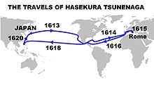 Kaart met routes van Hasekura Tsunenaga