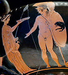 Cassandra and Hector on an Attic red-figure cantharos by the Eretria Painter, c. 425/420 BC.