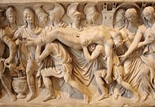 The body of Hector is brought home. Roman relief, ca. 180-200 AD.