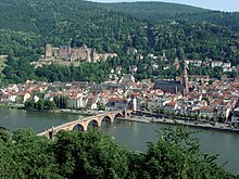 View from Philosophenweg to the old town of Heidelberg with castle and old bridge