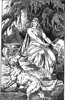 Garmr, un sabueso infernal, con Hel, una diosa