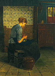 Pittura olandese di una giovane cameriera di cucina. XIX secolo o inizio XX secolo.