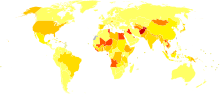 Ano de vida ajustado à incapacidade para hepatite C em 2004 por 100.000 habitantes      sem dados <10 10-15 15-20 20-25 25-30 30-35      35-40      40-45      45-50      50-75      75–100      >100