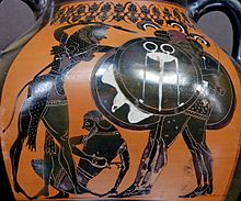 Herakles heeft Eurytion gedood en ontmoet Geryon op een amfoor van ongeveer 540 v.Chr.  