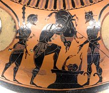 Herakles houdt het zwijn vast boven Eurystheus die zich met Iolaos (rechts) en Hermes (links) in zijn kruik verstopt van een amfoor met zwarte figuren, circa 525 v.Chr.  