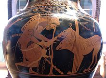 Herakles en Kerberus op een Attische amfoor met rode figuren, gemaakt tussen 530-520 v.Chr.  