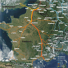 Odcinek europejskiej sieci dużych prędkości, część żółta, pomarańczowa i czerwona to TGV