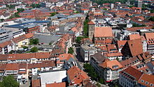 View from St. Andrew's Church to the north of the city centre; centre: St. Jakobi, right: market square