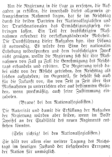Op 23 maart 1933 hield Adolf Hitler een toespraak over de machtigingswet. Dit is het originele transcript van de belangrijkste passage uit de toespraak.      