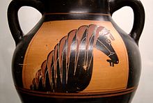 Paardenhoofd op een Attische amfoor met zwarte figuren, circa 550 v.Chr.  