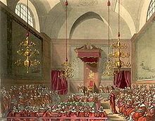 The Lords Chamber, the Council Chamber of the House of Lords in the Palace of Westminster, in 1811.