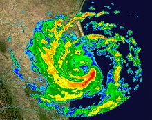 NEXRAD vaizdas, kai "Erika" pasiekia sausumą šiaurės rytų Meksikoje.