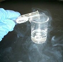 Kwas solny (w zlewce) reaguje z oparami amoniaku, wytwarzając chlorek amonowy (biały dym).