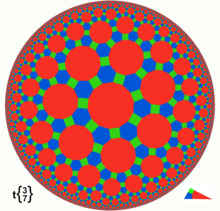 Poincarého diskový model velkého kosočtvercového obkladu {3,7}