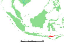 Het eiland Flores in Indonesië, in rood aangegeven