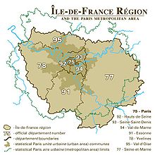 Île-de-France region with the 75th department, the city of Paris. The suburbs (banlieues) of Paris are located in the departments 92 (Hauts-de-Seine), 93 (Seine-Saint-Denis) and 94 (Val-de-Marne).