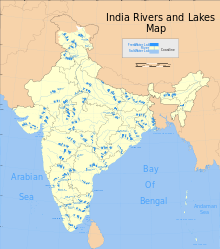 Karta över de största floderna, sjöarna och reservoarerna i Indien.  