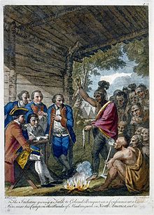 As negociações de Bouquet são mostradas nesta gravura de 1765, baseada em uma pintura de Benjamin West. O falante nativo segura um cinto de wampum, essencial para a diplomacia na Floresta Oriental.