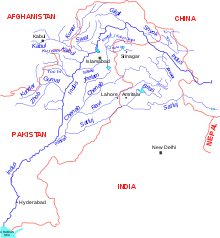 Kartta Indusin altaan tärkeimmistä joista.  