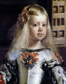 Detail van Filips IV's dochter, de Infanta Margarita. Haar linkerwang werd grotendeels herschilderd nadat ze tijdens de brand van 1734 was beschadigd.