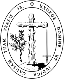 Coat of arms of the Spanish Inquisition: Next to the cross as a symbol for the spiritual character of the Inquisition, an olive branch and a sword hold the scales, which should indicate the balance between mercy and punishment.