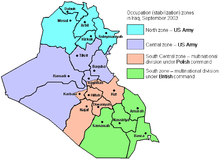 Occupation zones of Iraq by the USA (blue and purple), Great Britain (green) and Poland (light red) in September 2003