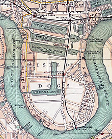 Mapa oblasti Canary Wharf z roku 1899 s vyznačením West India Docks a Isle of Dogs  