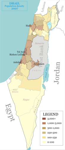 Population density of Israel 2008