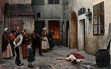 Murder in the House , 1890, by Jakub Schikaneder. Schikaneder painted this story of a woman's murder in the lower social classes on a canvas more than two metres high and three metres wide. In doing so, he placed the painting and its subject on a par with history paintings in terms of importance. These works are generally executed in large format because of their assumed importance to society.
