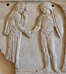 Jason and Medea join hands as a sign of their marriage covenant. Relief of a Roman sarcophagus of the 2nd century in Palazzo Altemps, Rome