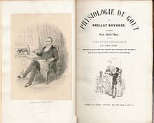 Página de título de "La Physiologie du Goût" ("A Fisiologia do Gosto") do gastrônomo francês Jean Anthelme Brillat-Savarin (1755-1826) com um retrato do autor. Edição de 1848.