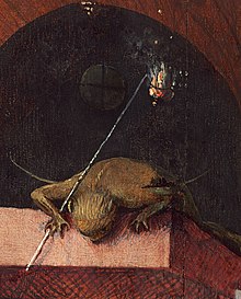 Detail uit Dood en de Miser, een schilderij van Jheronimus Bosch, in de National Gallery of Art, Washington, D.C.  