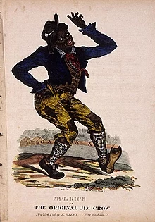 Thomas D. Rice mustanaamaisen roolinsa aikana (Jump Jim Crow -nuotin varhaisen painoksen kansi, 1832).