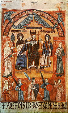 Alfonso III with his wife Jimena and Bishop Gomelo of Oviedo, 10th century ms., Oviedo Cathedral Archives.