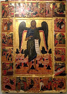 St. John the Baptist with angel wings and 18 scenes from his life. School of Nizhny Novgorod, 16th century.