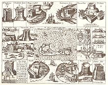 Kapteiņa Džona Smita 1624. gada Somersa salu (Bermudu salu) karte, kurā attēlota Svētā Džordža pilsēta un ar to saistītie nocietinājumi, tostarp Pils salu nocietinājumi, Bermudu salas.